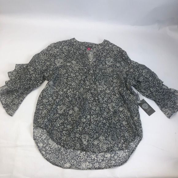 Vince Camuto Floral Print Ruffle Sleeve Blouse Women's Size L Sundown Rich Black - Picture 1 of 8